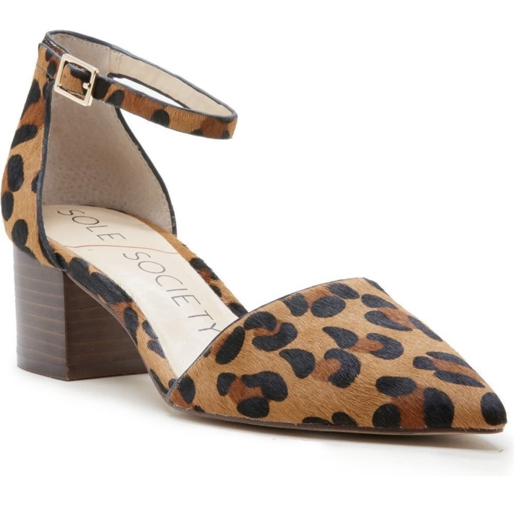 Sole Society Katarina Ankle Strap Calf Hair Leopard Print Heel NEW in Box